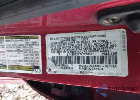 2004 Toyota Corolla S z USA, uszkodzony, nr VIN 2T1BR32E74C260321